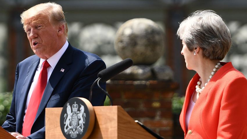 US President Donald Trump (L) and Britain's Prime Minister Theresa May  hold a joint press conference following their meeting at Chequers, the prime minister's country residence, near Ellesborough, northwest of London on July 13, 2018 on the second day of Trump's UK visit. - Britain and the United States have agreed to pursue "an ambitious UK-US free trade agreement" after Brexit, Prime Minister Theresa May said on Friday following talks with US President Donald Trump. (Photo by Brendan Smialowski / AFP)        (Photo credit should read BRENDAN SMIALOWSKI/AFP/Getty Images)