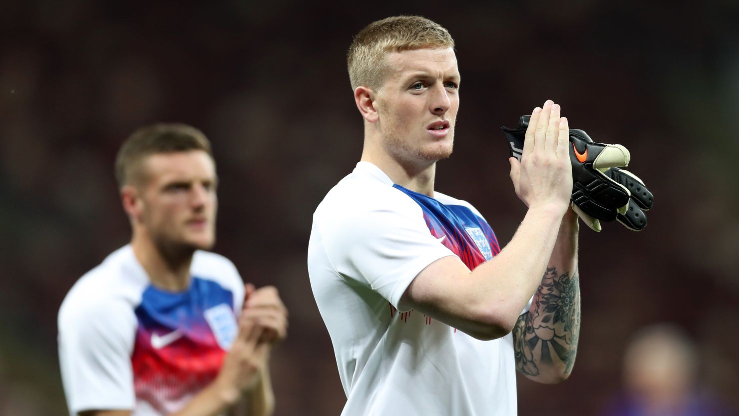 Jordan Pickford of England applauds fans at the World Cup semifinal against Croatia. 