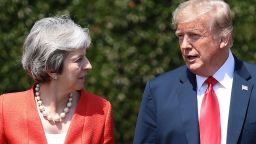 US President Donald Trump (R) and Britain's Prime Minister Theresa May (L) walk together after holding a meeting at Chequers, the prime minister's country residence, near Ellesborough, northwest of London on July 13, 2018 on the second day of Trump's UK visit. - US President Donald Trump launched an extraordinary attack on Prime Minister Theresa May's Brexit strategy, plunging the transatlantic "special relationship" to a new low as they prepared to meet Friday on the second day of his tumultuous trip to Britain. (Photo by Jack Taylor / POOL / AFP)        (Photo credit should read JACK TAYLOR/AFP/Getty Images)