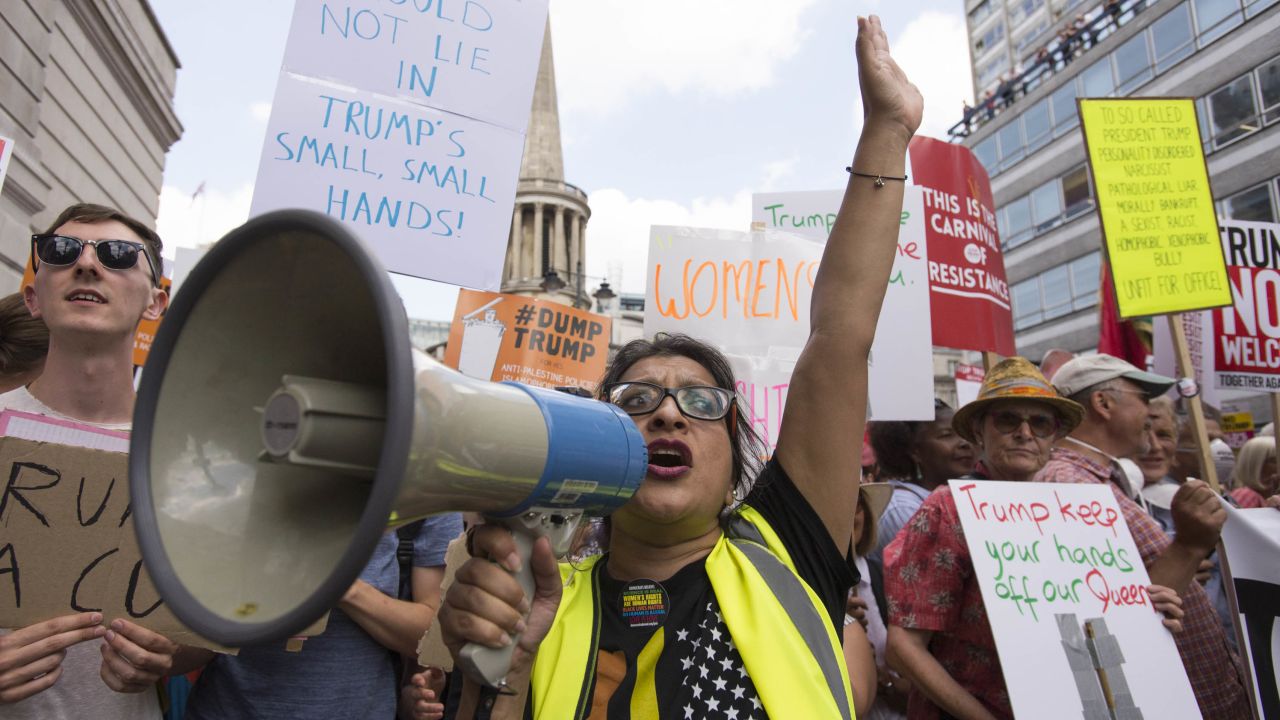 Julia Lalla-Maharaj led a crowd to chant against Trump.