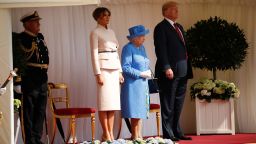 U.S. President Donald Trump, first lady Melania Trump, with Queen Elizabeth II, stand during an arrival ceremony with the Guard of Honour at Windsor Castle in Windsor, England, Friday, July 13, 2018. (AP Photo/Pablo Martinez Monsivais)