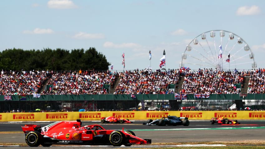 NORTHAMPTON, ENGLAND - JULY 08: Sebastian Vettel of Germany driving the (5) Scuderia Ferrari SF71H on track during the Formula One Grand Prix of Great Britain at Silverstone on July 8, 2018 in Northampton, England.  (Photo by Dan Istitene/Getty Images)