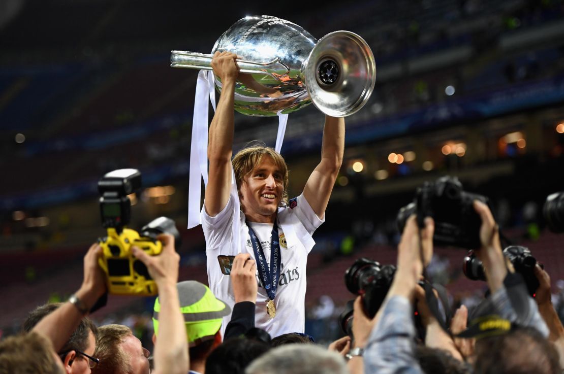 Luka Modric of Real Madrid celebrates winning his fourth UEFA Champions League