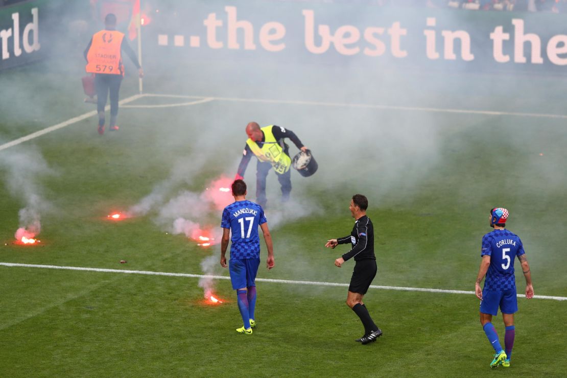 Flares thrown onto the pitch in a Group D match between Croatia and Czech Repubic at Euro 2016.