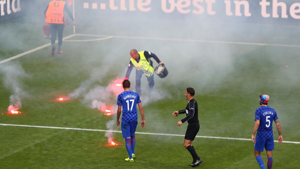 Flares thrown onto the pitch in a Group D match between Croatia and Czech Repubic at Euro 2016.