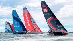 The start of Leg 11 at the Volvo Ocean Race in Gothenburg, Sweden, is pictured on June 21, 2018. - The Volvo Ocean Race set off on the last leg of its round-the-world odyssey on Thursday, 21 June, with three boats effectively tied for the lead. (Photo by Thomas JOHANSSON / TT News Agency / AFP) / Sweden OUT        (Photo credit should read THOMAS JOHANSSON/AFP/Getty Images)