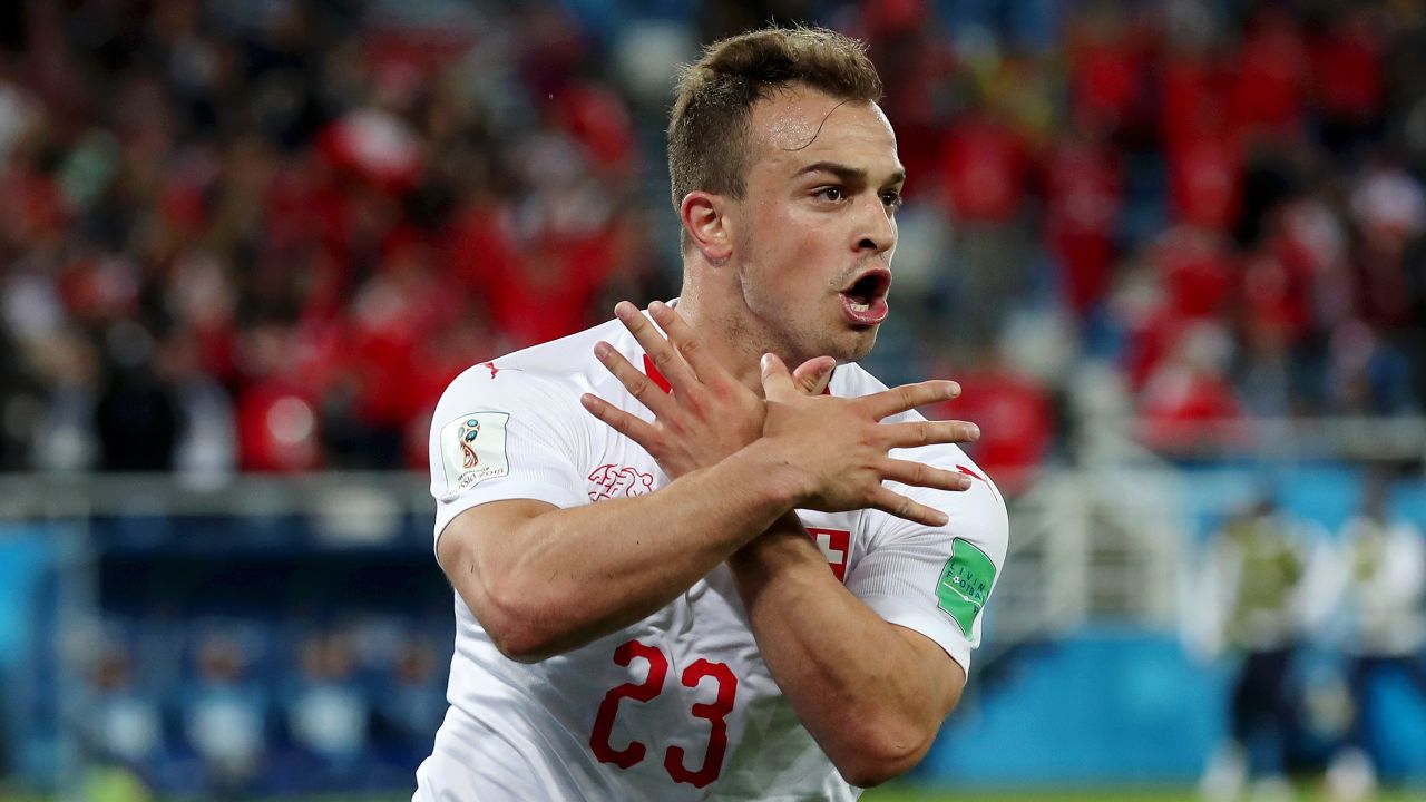 Shaqiri celebrates after scoring against Serbia at the World Cup.