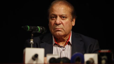 Former Pakistan prime minister Nawaz Sharif speaks during a UK PMLN Party Workers Convention meeting with supporters in London on July 11.