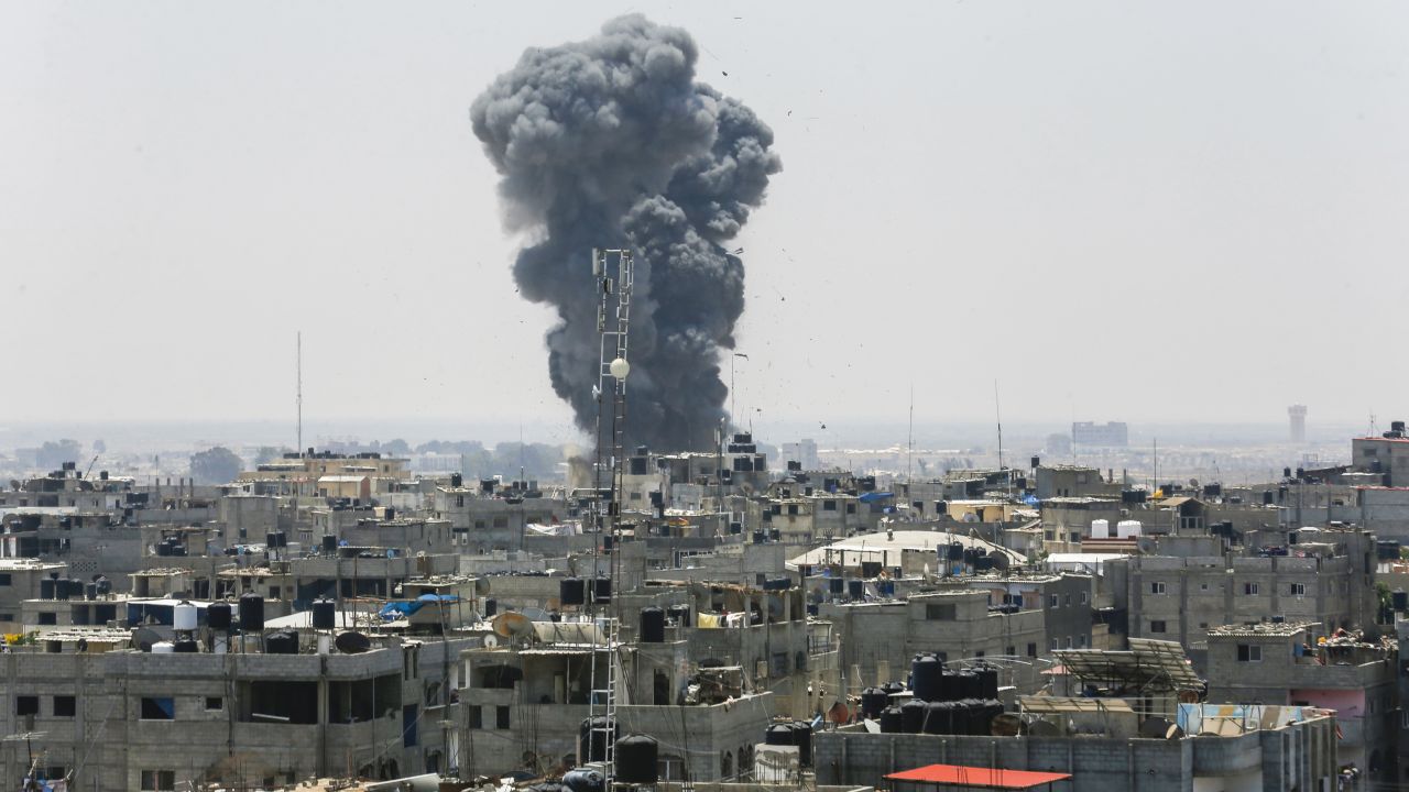 A picture taken on July 14, 2018 shows a smoke plume rising following an Israeli air strike in the southern Gaza Strip city of Rafah, near the border with Egypt. - Israel's military said it had launched air strikes targeting Hamas in the Gaza Strip on July 14 as rockets and mortars were lobbed into southern Israel from the blockaded Palestinian enclave. (Photo by SAID KHATIB / AFP)        (Photo credit should read SAID KHATIB/AFP/Getty Images)