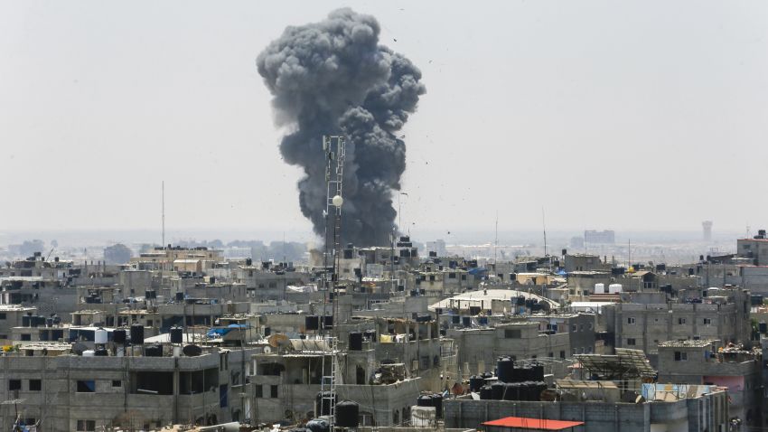 A picture taken on July 14, 2018 shows a smoke plume rising following an Israeli air strike in the southern Gaza Strip city of Rafah, near the border with Egypt. - Israel's military said it had launched air strikes targeting Hamas in the Gaza Strip on July 14 as rockets and mortars were lobbed into southern Israel from the blockaded Palestinian enclave. (Photo by SAID KHATIB / AFP)        (Photo credit should read SAID KHATIB/AFP/Getty Images)