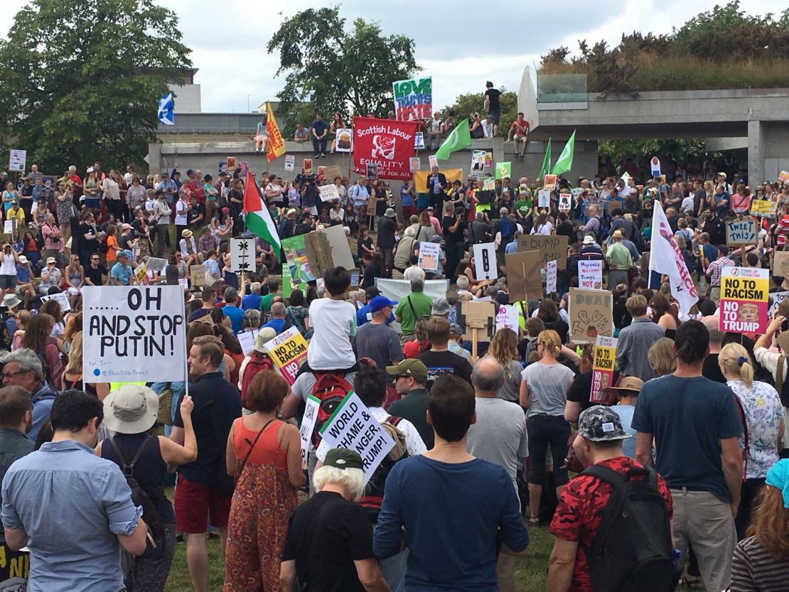 An-anti-Trump crowd outside Scotland's Parliament in Edinburgh.