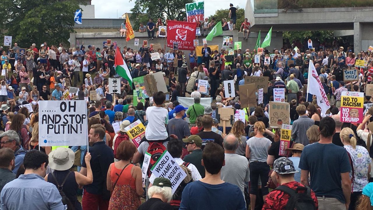 An-anti-Trump crowd outside Scotland's Parliament in Edinburgh.