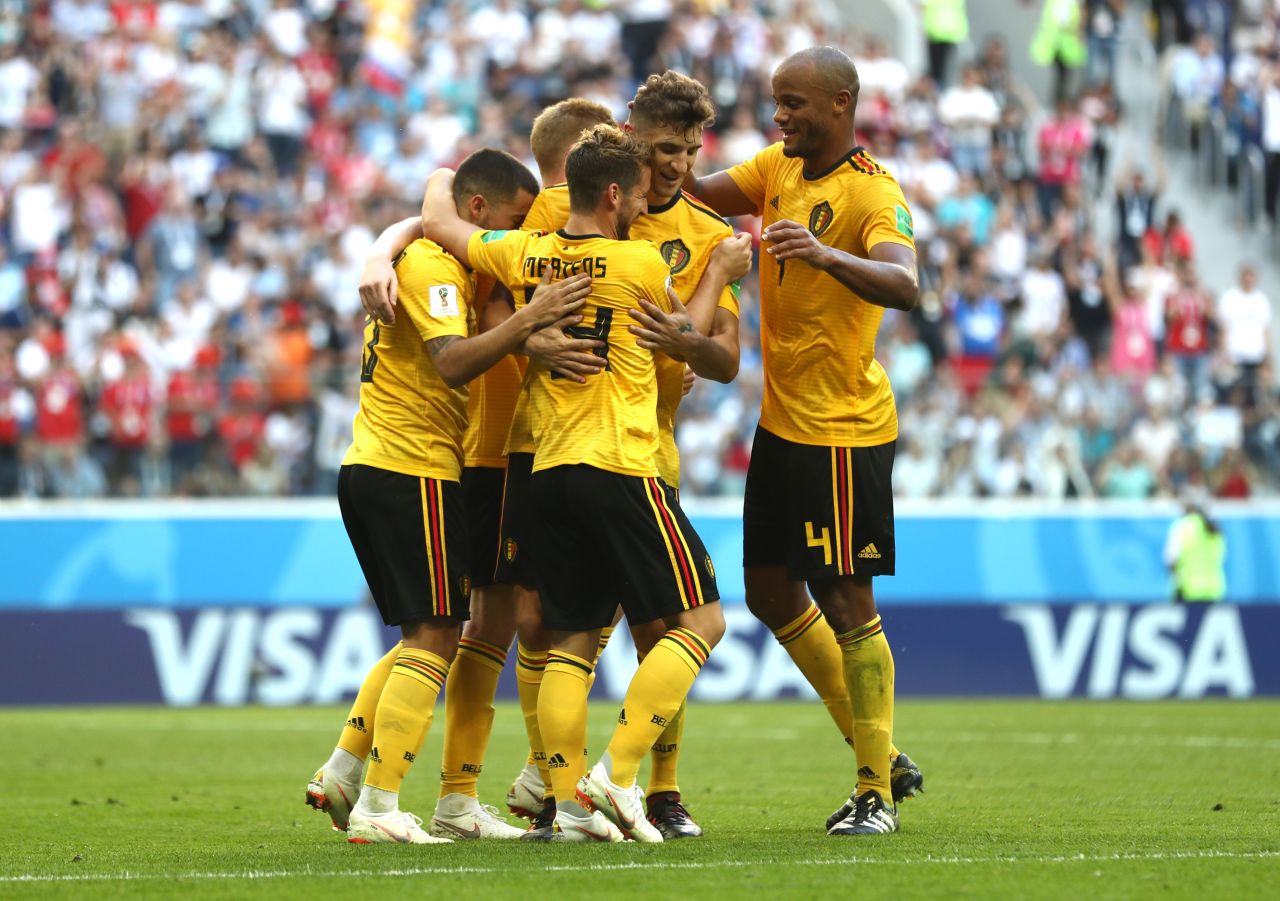Belgian players celebrate Eden Hazard's goal in the third-place match against England on Saturday, July 14. The Belgians won 2-0.