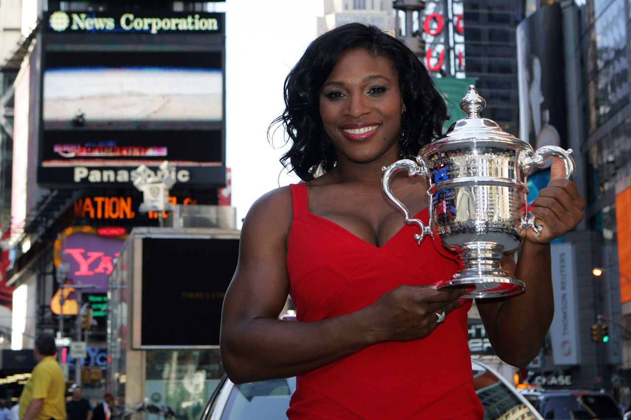 Serena on Times Square with the US Open trophy, a title she won without dropping a set at the 2008 tournament.