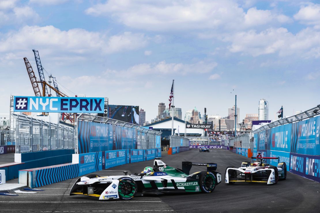 Race winner Lucas di Grassi leads his Audi Sport teammate Daniel Abt on their way to a one-two in the first New York round of the Formula E championship.