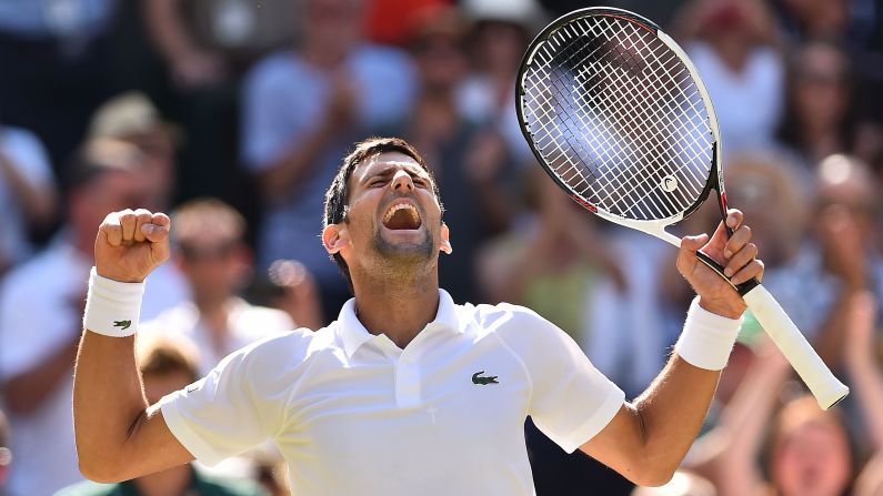 Novak Djokovic celebrates after beating Kevin Anderson in their men's singles final match on the thirteenth day of the 2018 Wimbledon Championships in London, on Sunday, July 15.