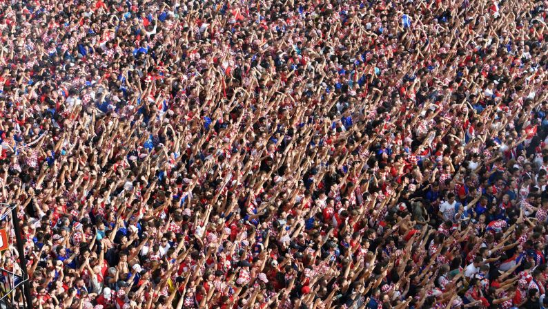 Croatian supporters cheer in downtown Zagreb on Sunday, July 15, ahead of the World Cup final between Croatia and France, the first final World Cup match ever in the history of Croatia.