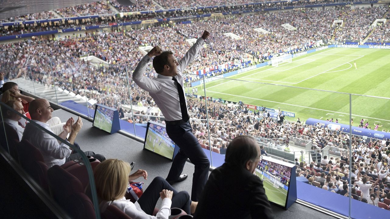 French President Emmanuel Macron celebrates France's second World Cup title. 