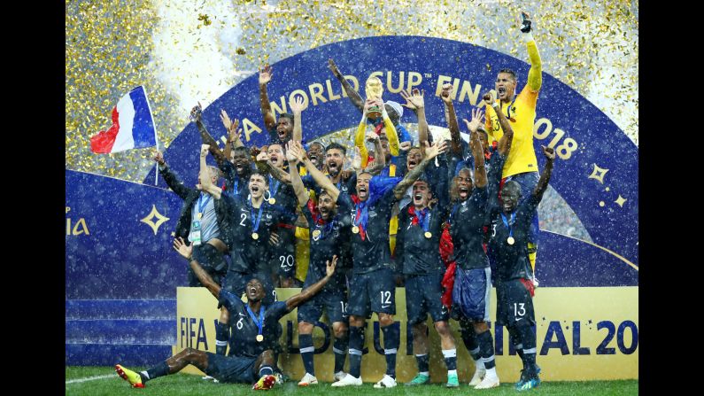 Hugo Lloris of France lifts the World Cup trophy to celebrate with his teammates after the 2018 FIFA World Cup Final between France and Croatia on Sunday, July 15, in Moscow, Russia.