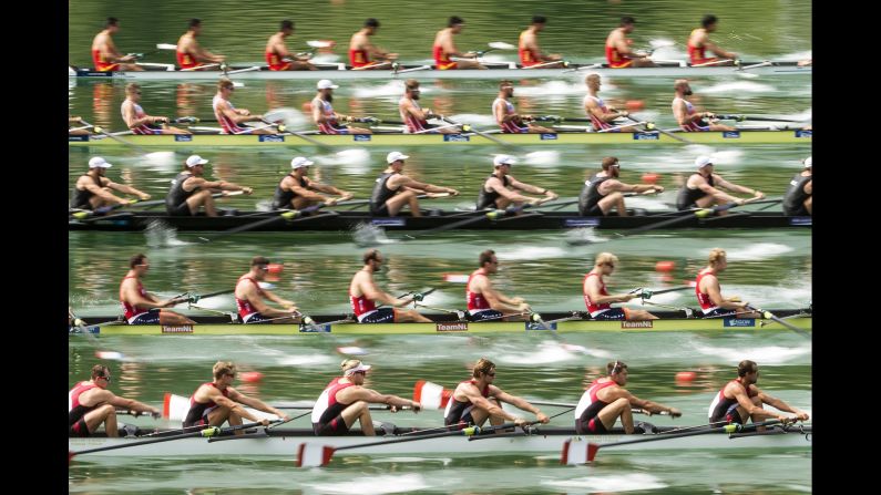 The rowing teams of Canada, the Netherlands, New Zealand, Poland and China in action during the men's eight at the rowing World Cup on Lake Rotsee in Lucerne, Switzerland, on Saturday July 14.