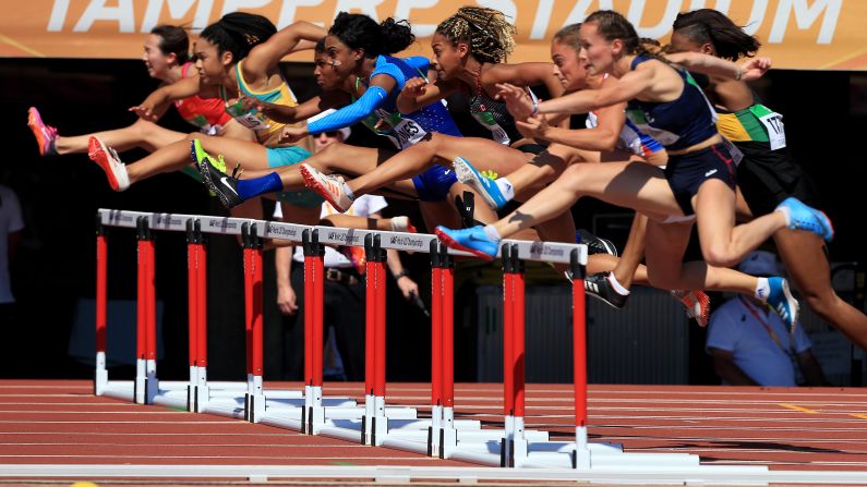 Cortney Jones of the USA and Sacha Alessandrini of France in action during heat 1 of the women's 100m hurdles semifinals on day five of The IAAF World U20 Championships on Saturday, July 14, in Tampere, Finland.