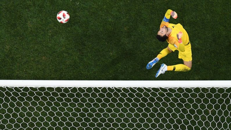 France's goalkeeper Hugo Lloris saves a shot during the World Cup final match between France and Croatia on Sunday, July 15.