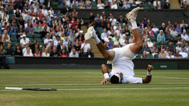 Juan Martin Del Potro of Argentina during his quarter final match against Rafael Nadal of Spain at the Wimbledon Championships on Wednesday, July 11.