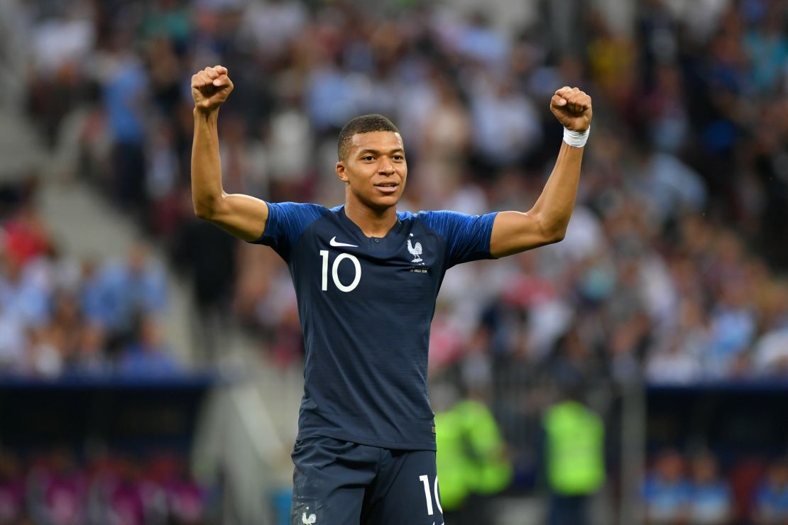 Kylian Mbappe celebrates his first and France's fourth goal.