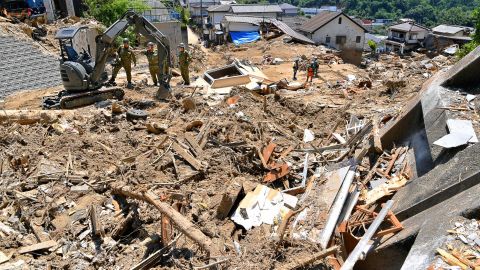 HIROSHIMA, JAPAN - JULY 15: (CHINA OUT, SOUTH KOREA OUT) Self-Defense Force members continue searching operation on July 15, 2018 in Hiroshima, Japan. More than 100 people were treated for heatstroke as scorching summer heat baked western Japan prefectures hit by recent torrential deluges. (Photo by The Asahi Shimbun via Getty Images)