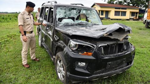 This photo taken on July 10, 2018 shows a damaged vehicle in which two men were traveling in Assam when they were attacked by a mob. 