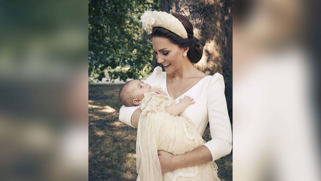 The Duchess of Cambridge and Prince Louis in the garden at Clarence House, following Prince Louis's christening.