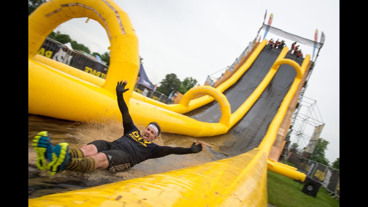Most participants say their favorite obstacle is the last one: a 60-foot high water slide. Competitors barrel down the chute to a splashy end.
