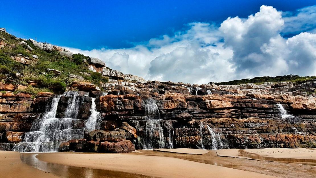 Mkambati Falls, pictured here at low tide, is one of several stunning waterfalls here.