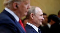 Russian President Vladimir Putin smiles during a press conference with U.S. President Donald Trump after the meeting of U.S. President Donald Trump and Russian President Vladimir Putin at the Presidential Palace in Helsinki, Finland, Monday, July 16, 2018. (AP Photo/Pablo Martinez Monsivais)