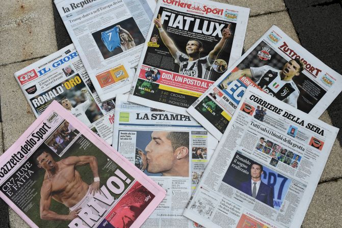 Headlines in the Italian papers on July 11, 2018 -- the day after Ronaldo's signing -- highlighted his reported $117 million transfer fee and $35 million annual salary. 