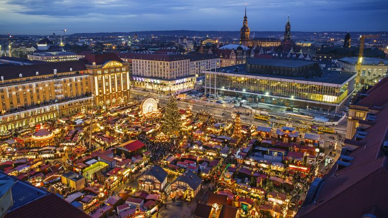 <strong>9. Germany: </strong>Welcoming 37.5 million visitors in 2017, Germany ranked ninth on the list. Here's an aerial view over the Dresden and Striezelmarkt Christmas market at night. 