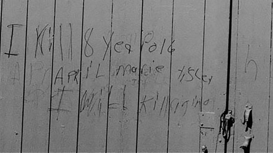 In 1990, two years after April Tinsley's murder, this message appeared on a barn door near where her body was recovered.