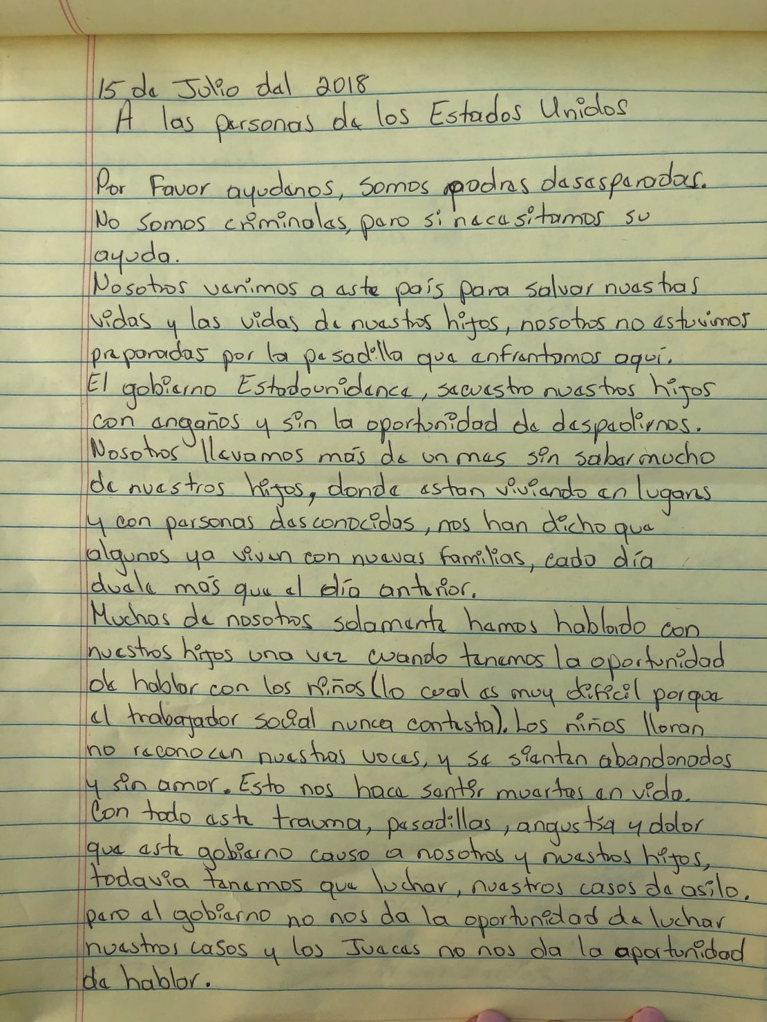 A section of the letter to the US people from parents at the Port Isabel Service Detention Center.
