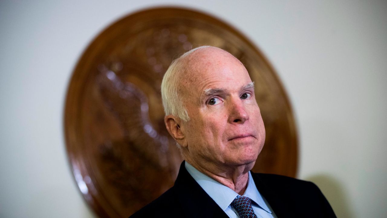 WASHINGTON, DC - OCTOBER 25: Sen. John McCain (R-AZ) looks on during a brief press conference before an Armed Services conference committee meeting on the National Defense Authorization Act on Capitol Hill, October 25, 2017 in Washington, DC. (Photo by Drew Angerer/Getty Images)