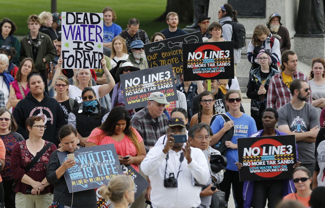 Tribal and environmental groups opposed to the proposed Enbridge Line 3 project rally in September 2017 at the State Capitol in St. Paul, Minnesota.