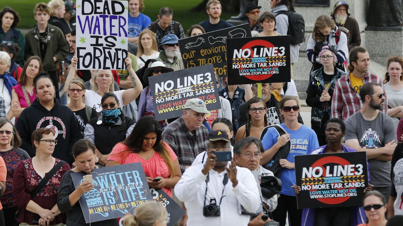 Tribal and environmental groups opposed to the proposed Enbridge Line 3 project rally in September 2017 at the State Capitol in St. Paul, Minnesota.