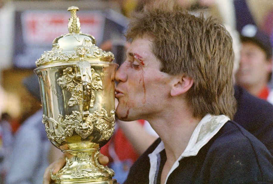 The All Blacks won the inaugural Rugby World Cup on home soil in 1987. Captain David Kirk kisses the trophy following victory over France in Auckland. 