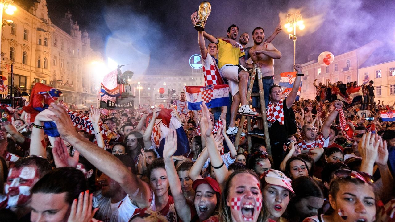 Supporters celebrate the arrival of Croatian team at the Bana Jelacica Square in Zagreb. 