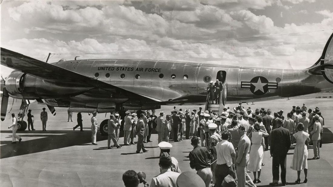 President Dwight Eisenhower and First Lady Mamie Eisenhower exit "Air Force One," a Lockheed Constellation named Columbine II in 1953.