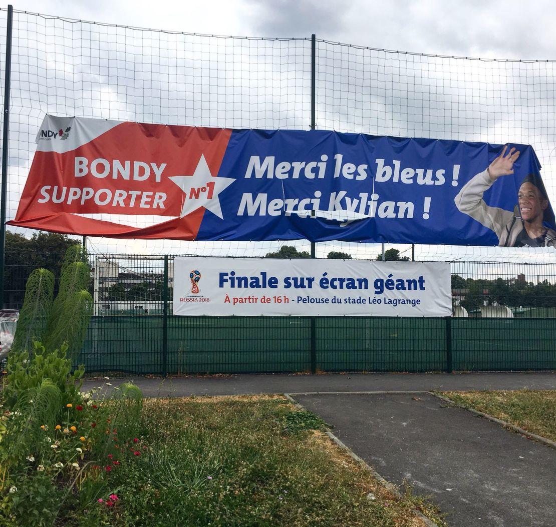 The sign outsite the Bondy futsal pitch reads: 'Thank you les blues! Thank you Kylian!'