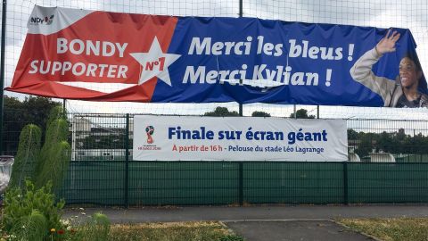 The sign outsite the Bondy futsal pitch reads: 'Thank you les blues! Thank you Kylian!'