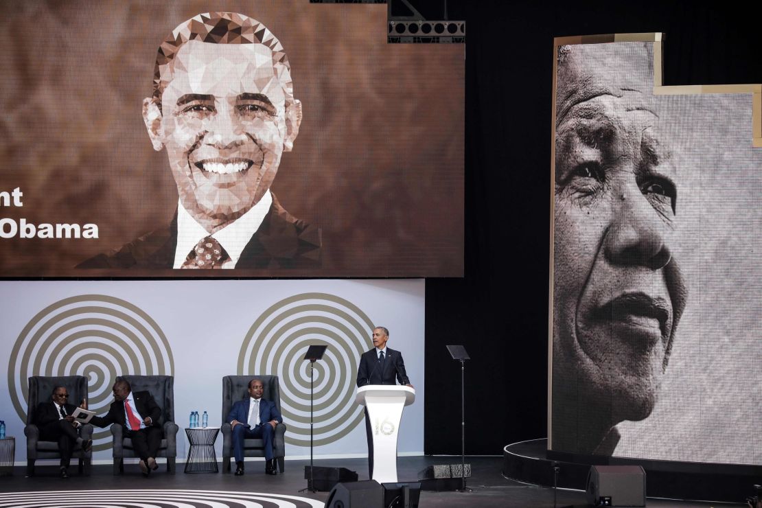 Obama speaks during the 2018 Nelson Mandela Annual Lecture at the Wanderers cricket stadium in Johannesburg on Tuesday.