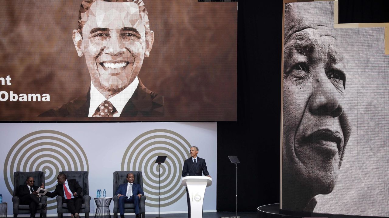 Obama speaks during the 2018 Nelson Mandela Annual Lecture at the Wanderers cricket stadium in Johannesburg on Tuesday.