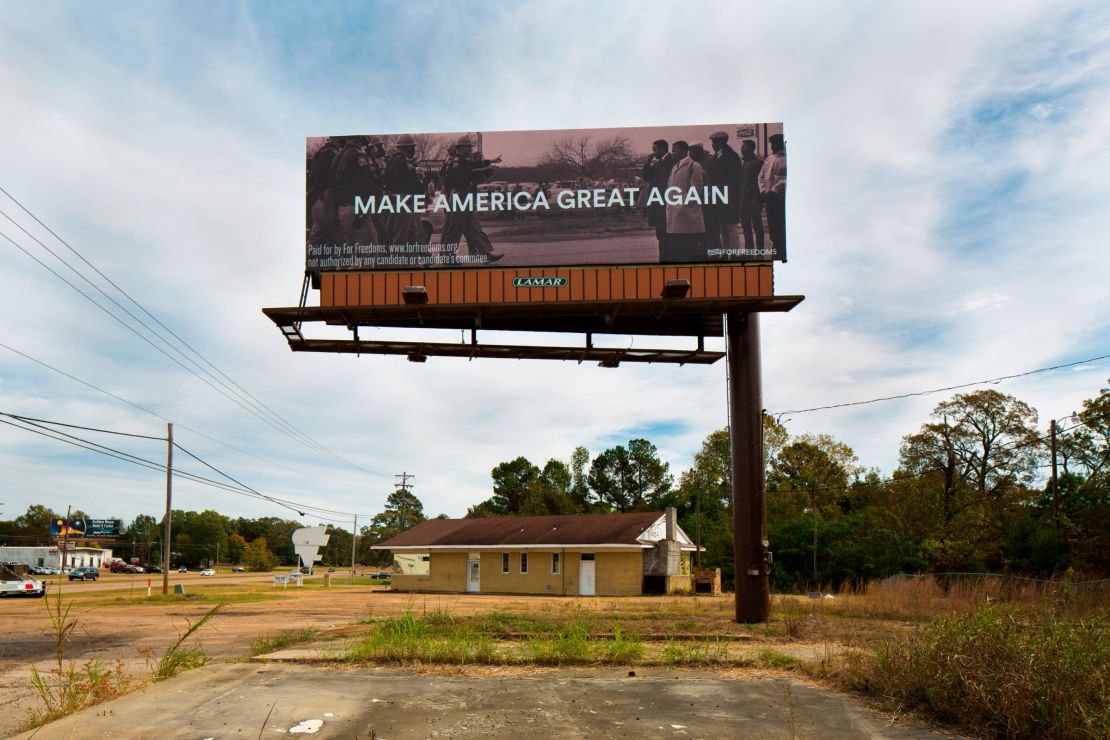 A "Make America Great Again" billboard on a Mississippi roadside in November 2016.