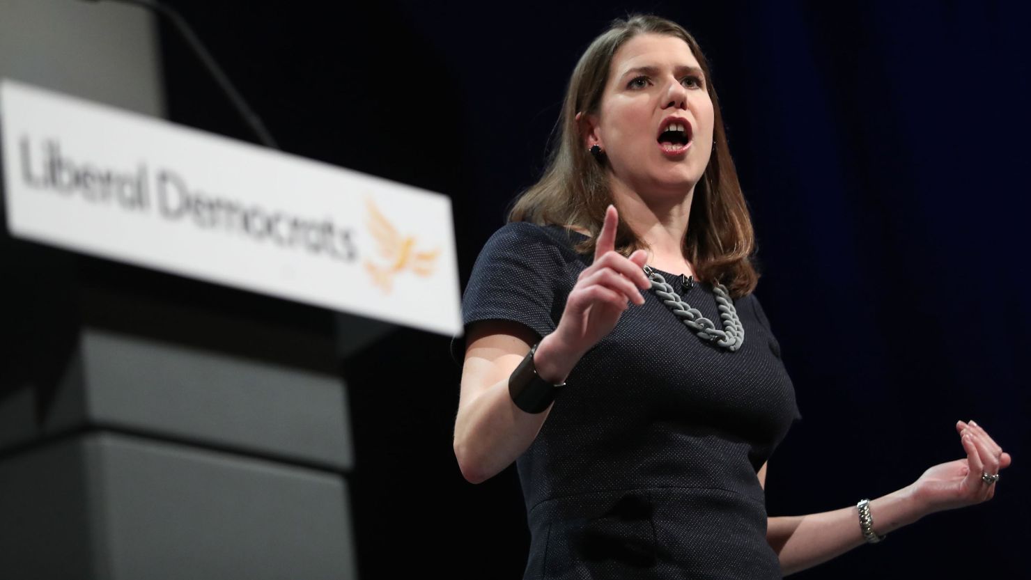 Member of Parliament Jo Swinson makes a speech during the second day of the Liberal Democrats autumn conference at the Bournemouth International Center.